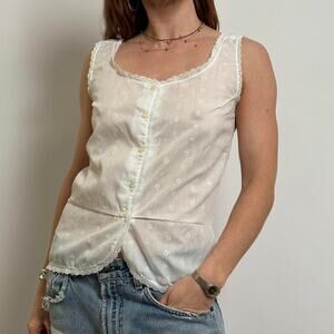 Vintage White Eyelet Sleeveless Top | Square Neck & Drop Waist- S